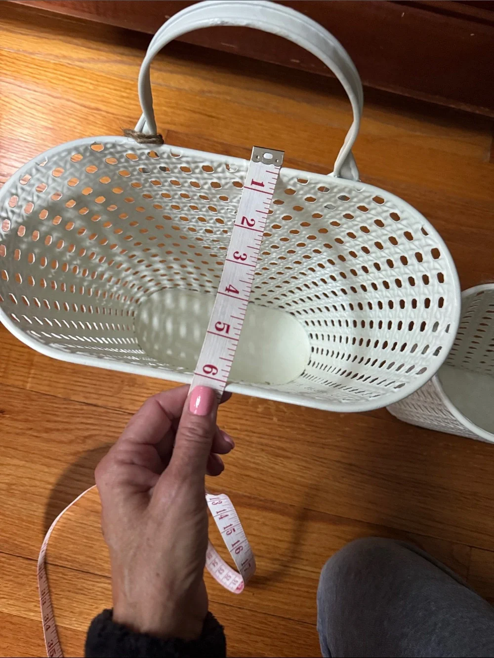 2 White Woven Metal Hanging baskets large and small for doors or wall!
